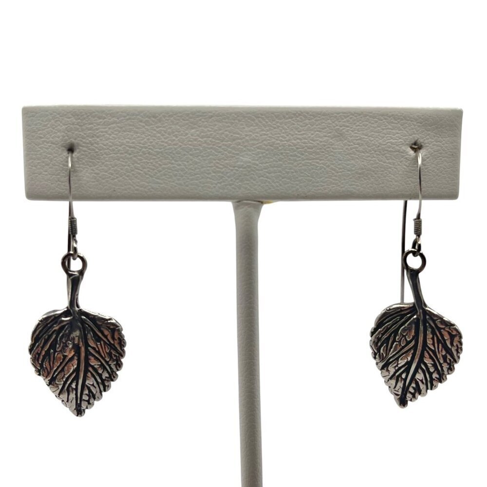 GS Sterling Silver Leaf Dangle Earrings Veined 925 Hooks Earthy Boho Hippie‎